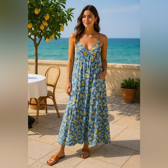 Patagonia Pataloha Strappy Maxi Dress L Blue Yellow Bird Floral Pockets Vacation - Picture 2 of 14